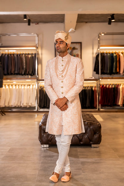 PEACH THREAD EMBROIDERY SHERWANI SET