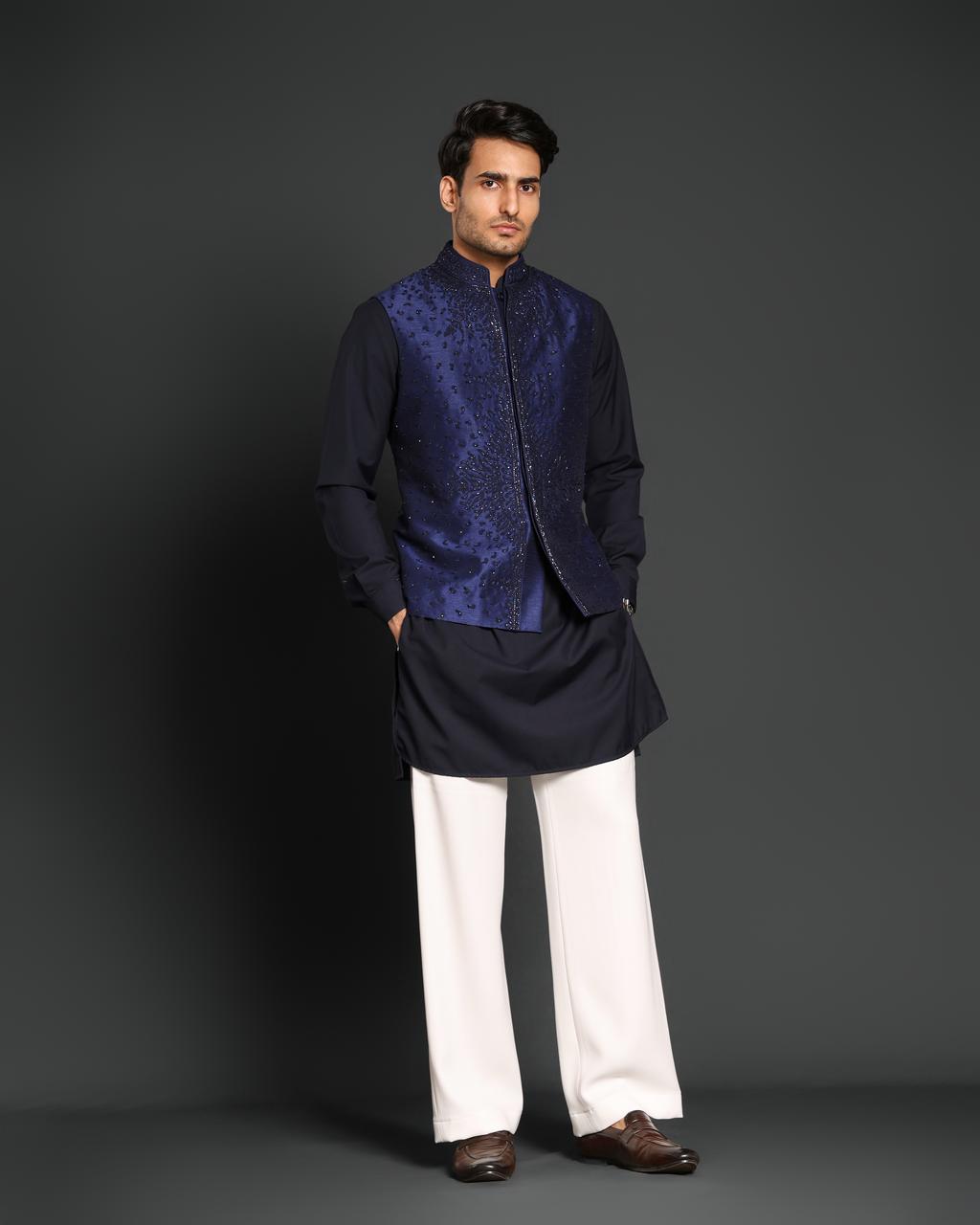 NAVY BLUE GLASS NEHRU JACKET KURTA SET