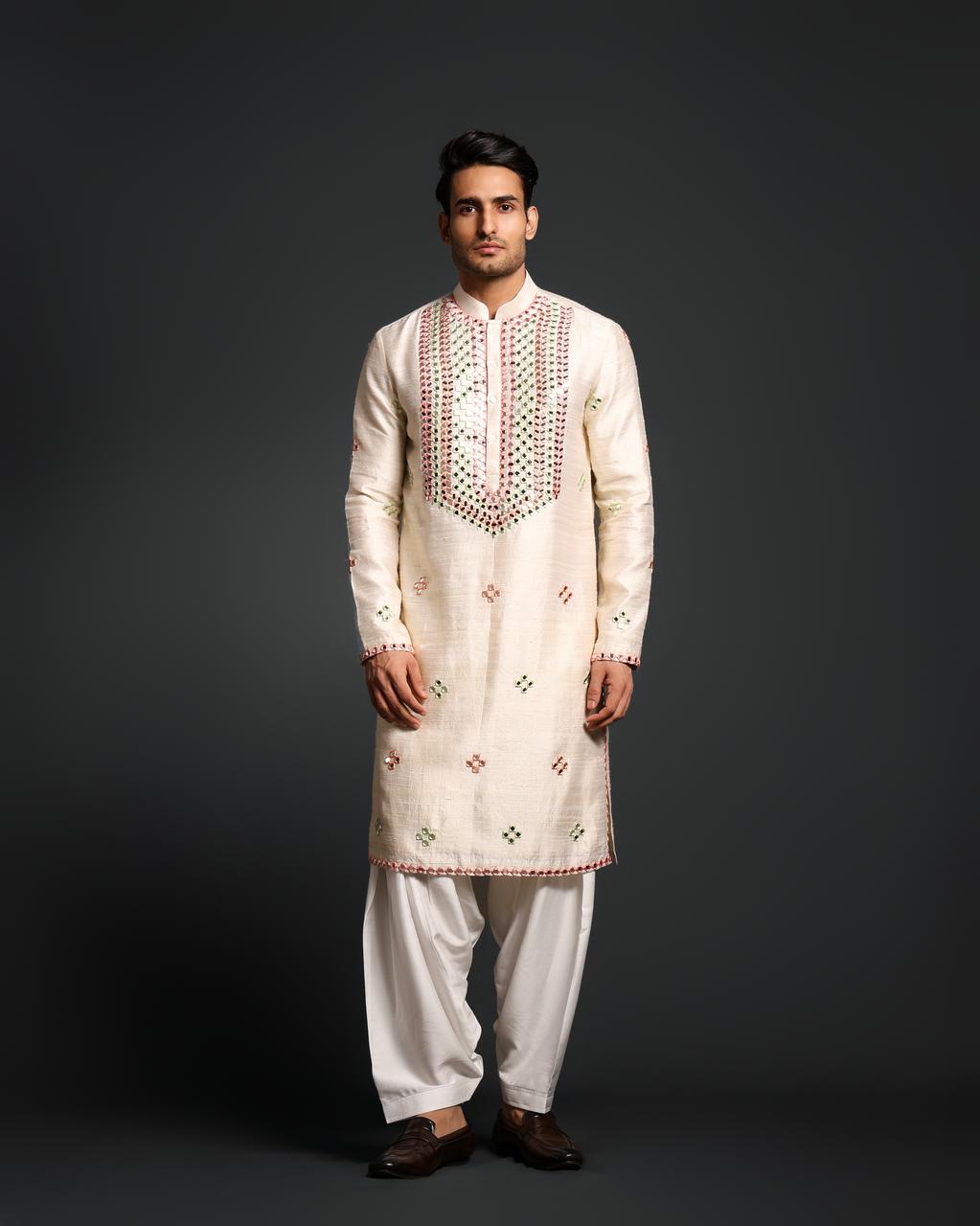 BEIGE MULTI-COLOR MIRROR KURTA SET
