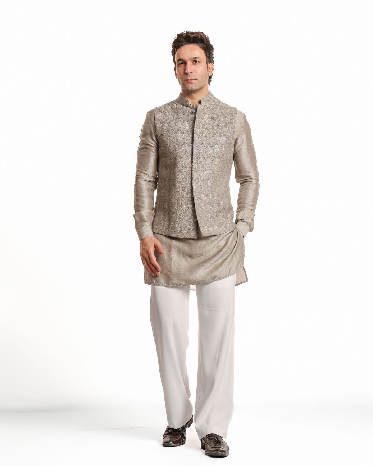 ASH GREY GLASS THREAD NEHRU JACKET KURTA SET
