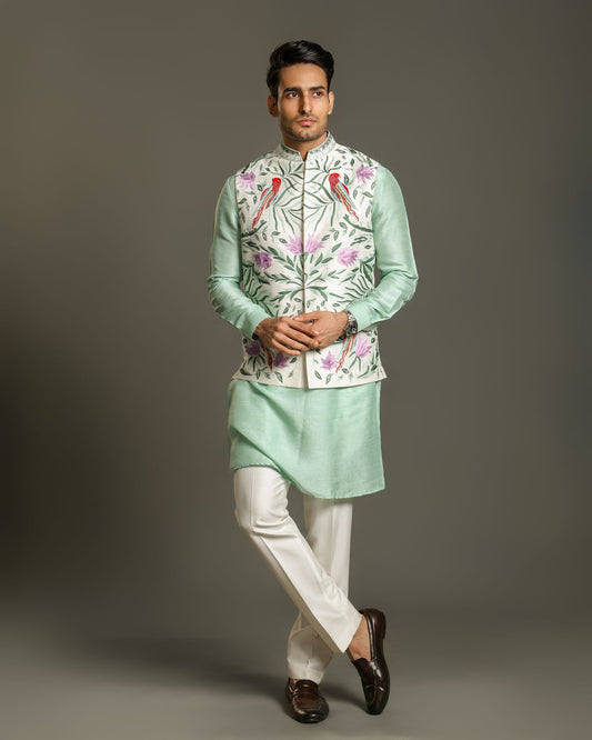 PISTACHIO GREEN FLORAL AND BIRD EMBROIDERY NEHRU JACKET KURTA SET