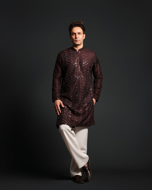 BROWN MIRROR EMBROIDERY KURTA SET