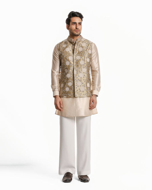 BEIGE GLASS CUT WITH THREAD EMBROIDERY NEHRU JACKET SET
