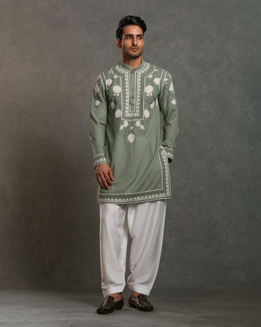 SAGE GREEN FLORAL EMBROIDERY PATIYALA KURTA SET