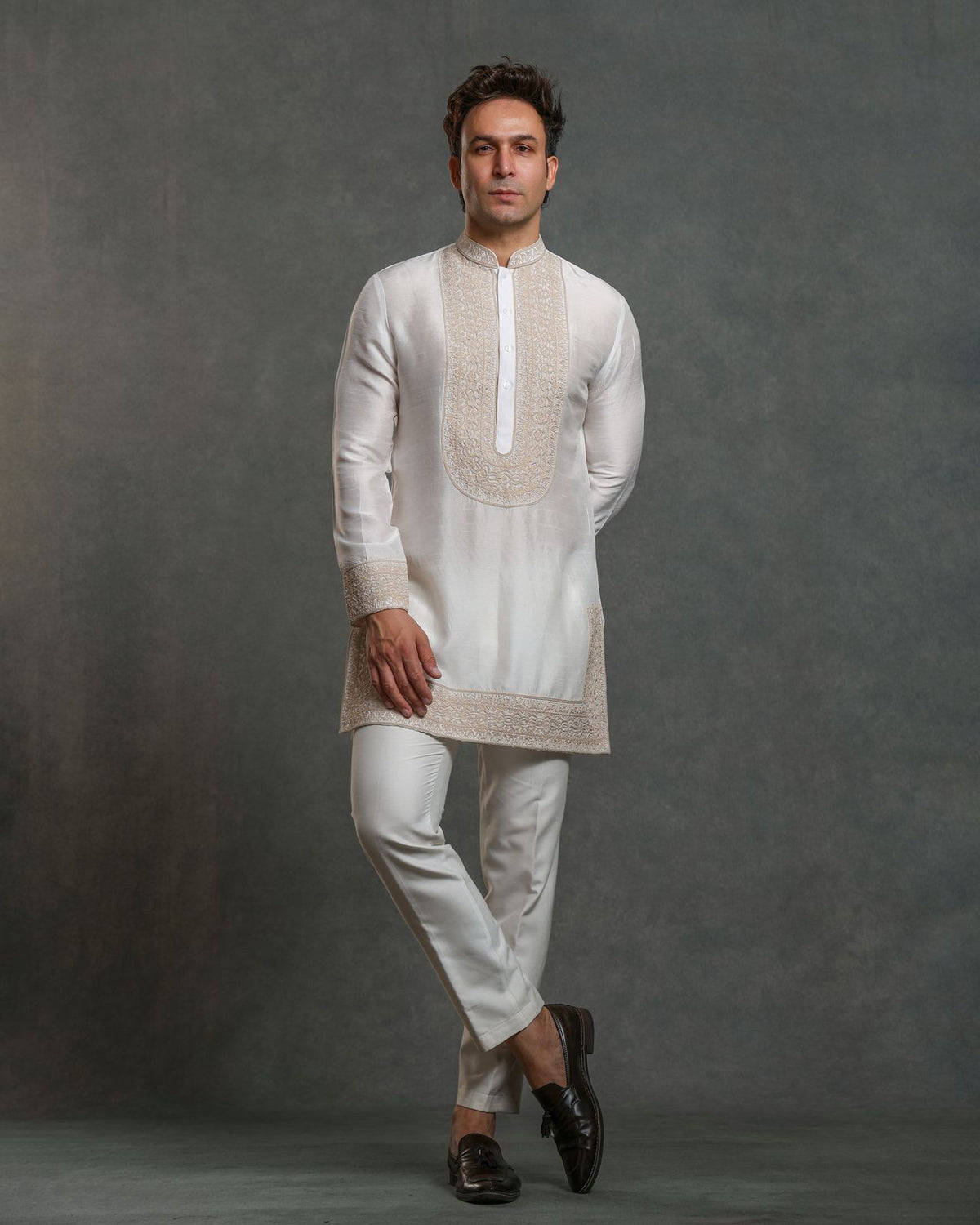 WHITE  THREAD EMBROIDERY KURTA SET