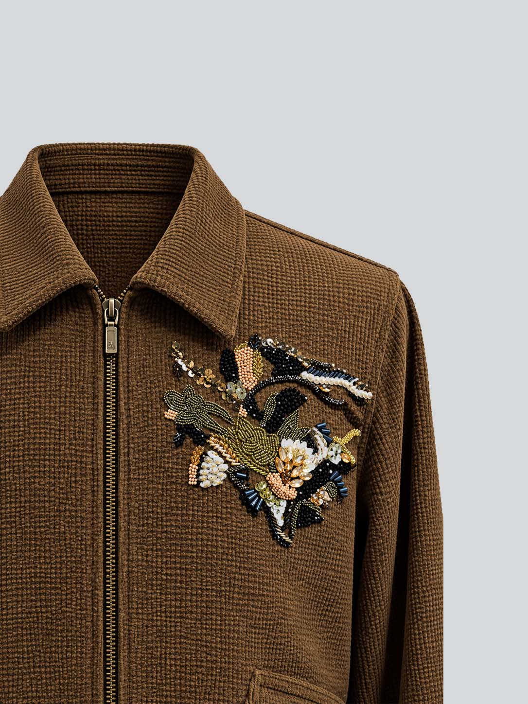 BROWN EMBROIDERED ZIP JACKET