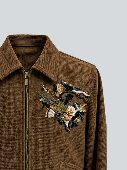 BROWN EMBROIDERED ZIP JACKET