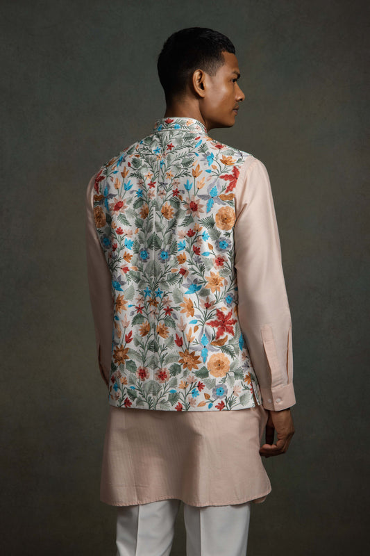 MULTI COLOUR SILK EMBROIDERY NEHRU JACKET SET