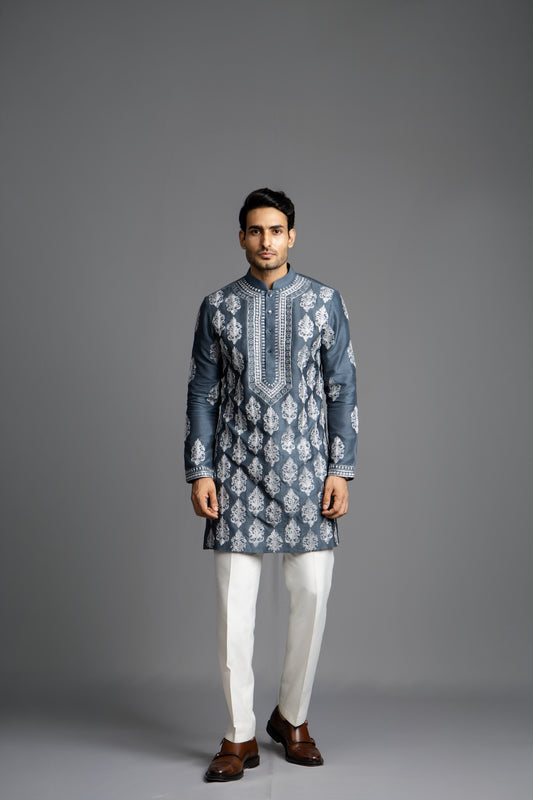 GREY SILVER EMBROIDERY KURTA SET