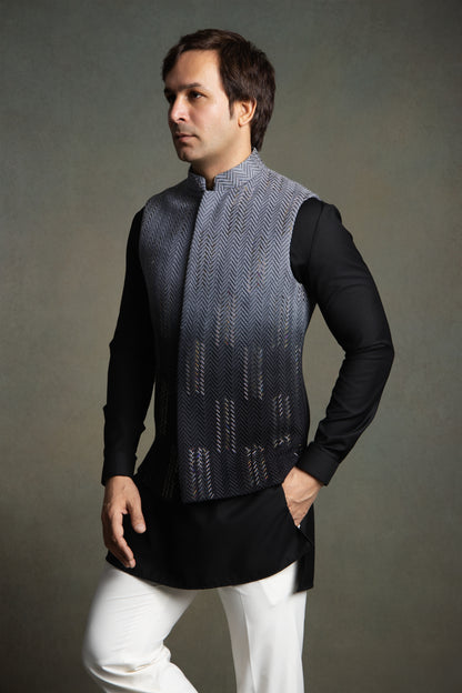 BLACK OMBRE GLASS CUT EMBROIDERY  NEHRU JACKET