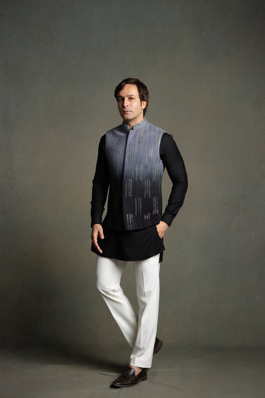 BLACK OMBRE GLASS CUT EMBROIDERY  NEHRU JACKET