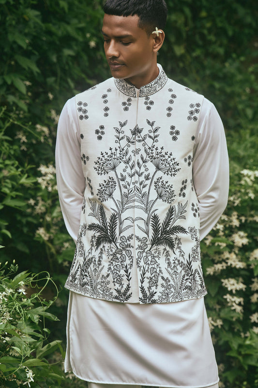 WHITE BLACK EMBROIDERY NEHRU JACKET SET