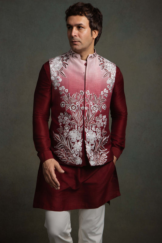 WINE RED OMBRE SILK  EMBROIDERY NEHRU JACKET SET