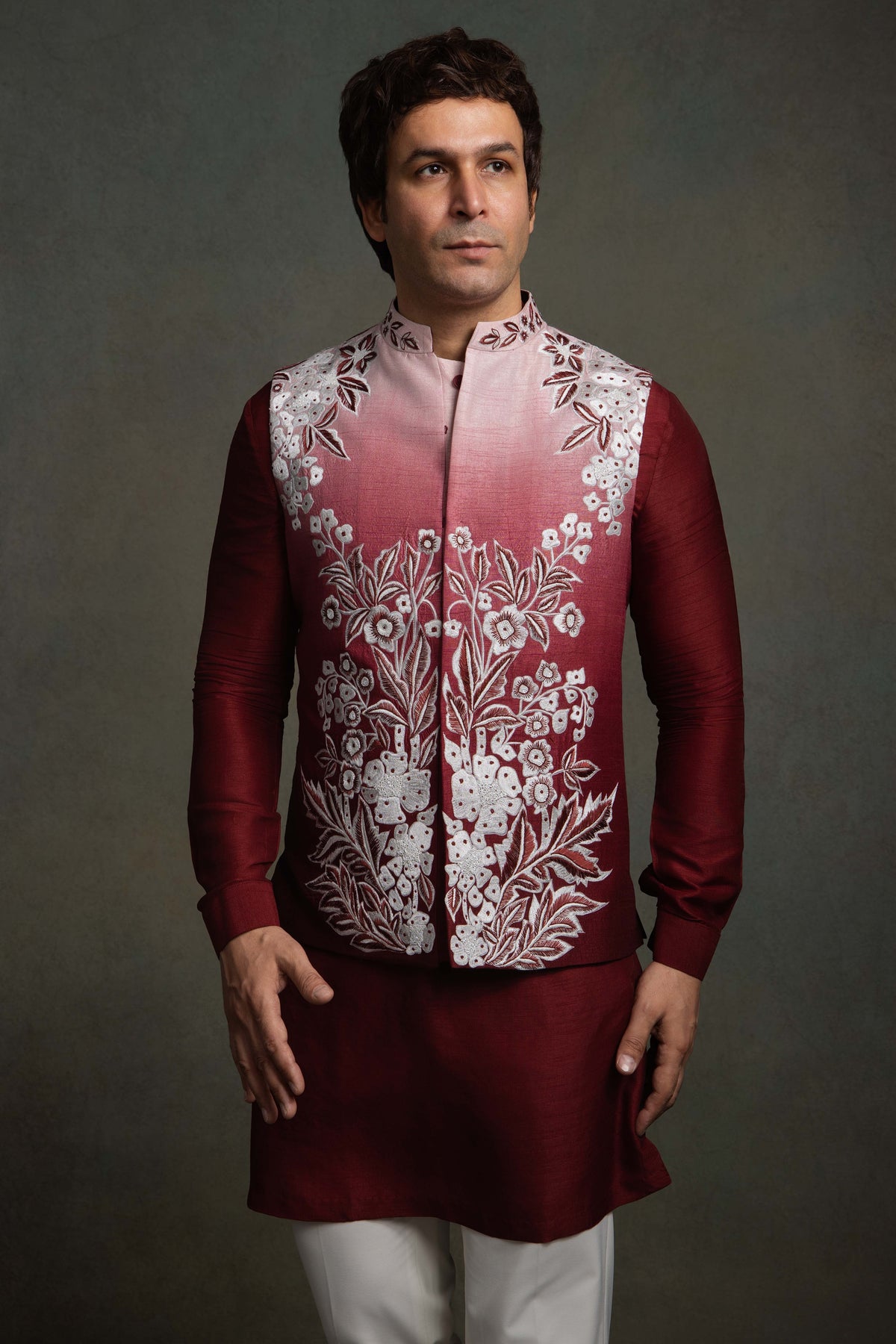 WINE RED OMBRE SILK  EMBROIDERY NEHRU JACKET SET