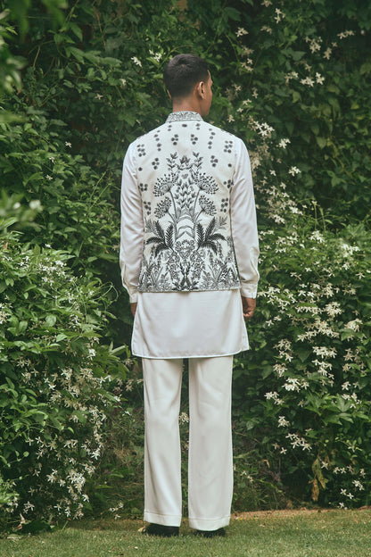 WHITE BLACK EMBROIDERY NEHRU JACKET SET