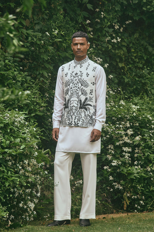 WHITE BLACK EMBROIDERY NEHRU JACKET SET