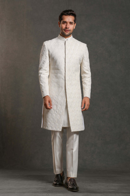 IVORY FULLY THREAD WITH GLASS CUT EMBROIDERY SHERWANI