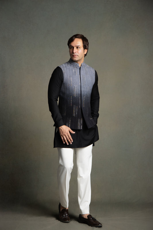BLACK OMBRE GLASS CUT EMBROIDERY  NEHRU JACKET