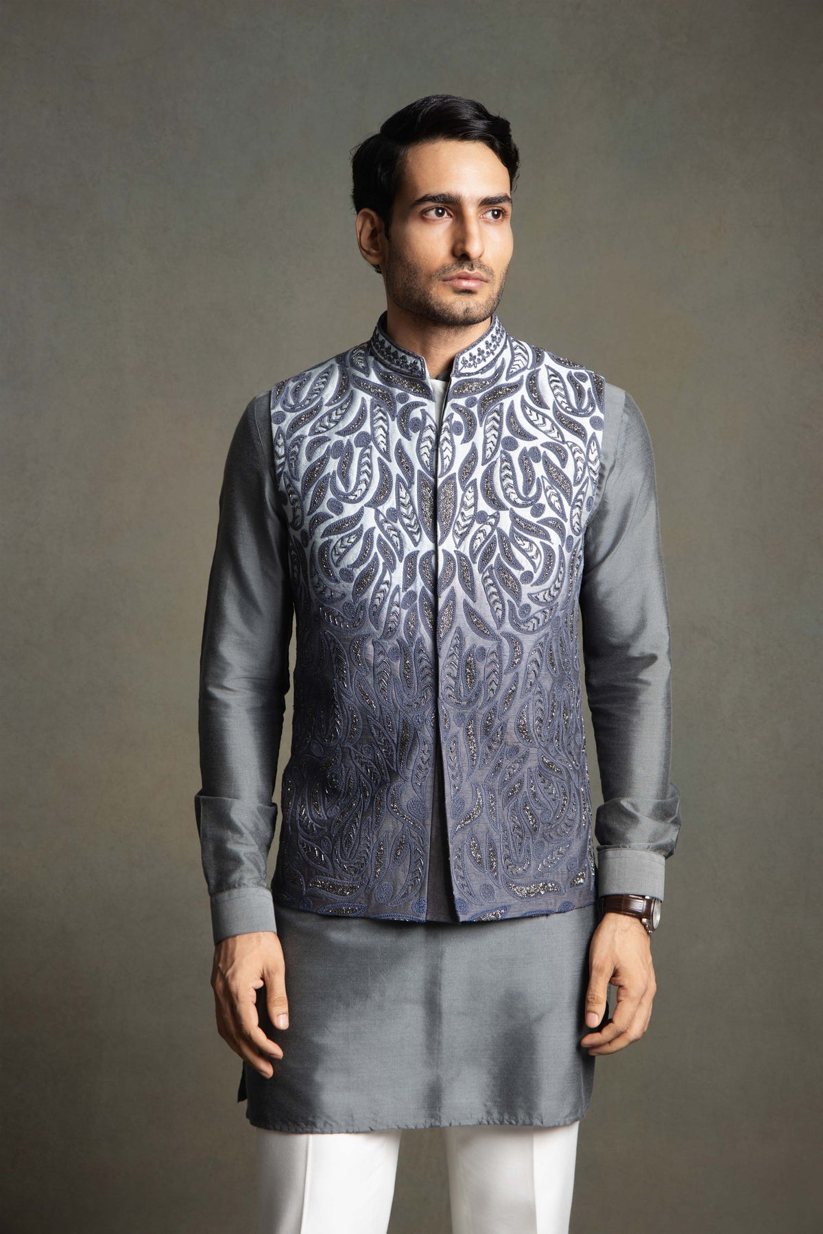 GREY OMBRE  GLASS EMBROIDERY NEHRU JACKET SET