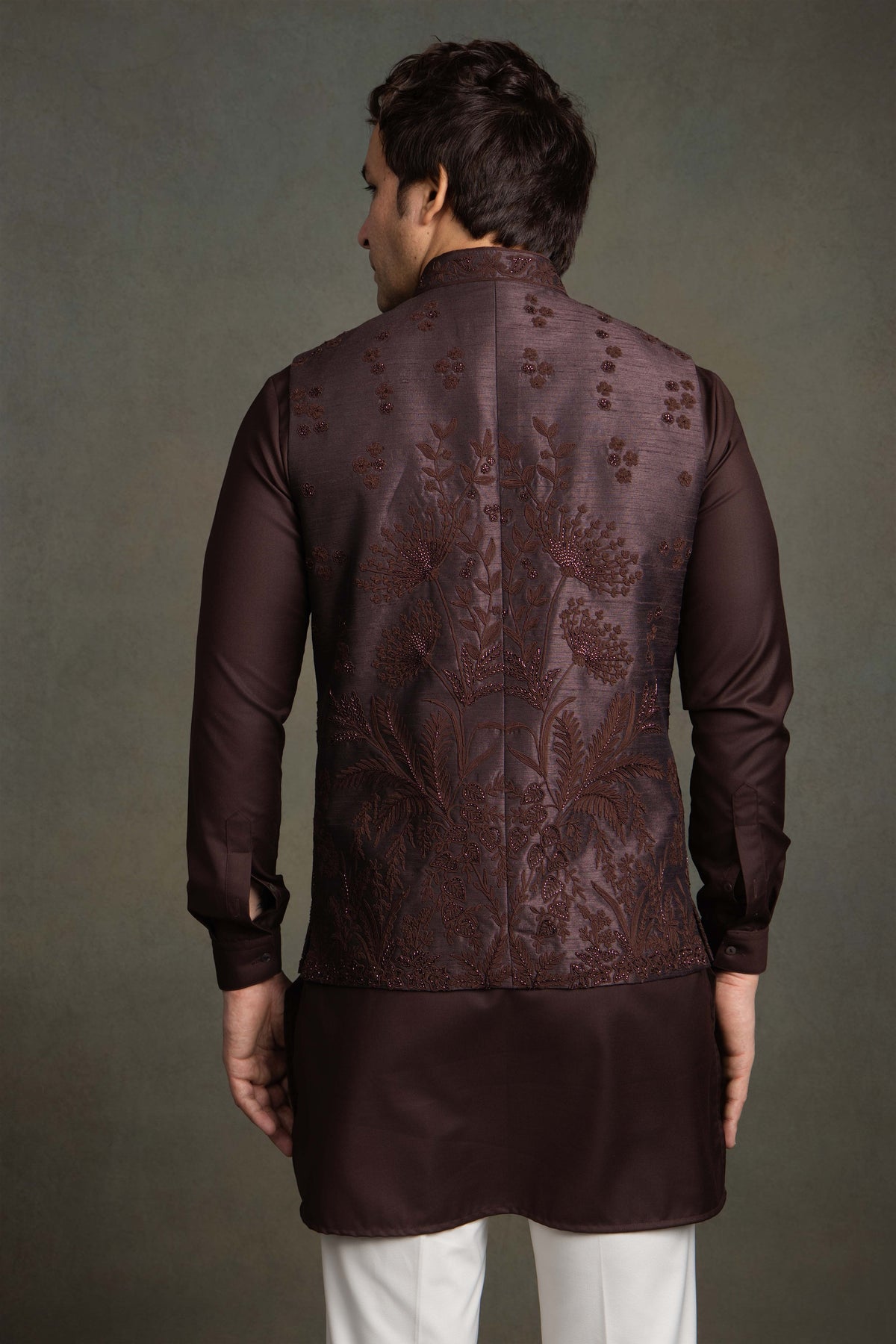 WINE DORI WITH GLASS  EMBROIDERY  NEHRU JACKET SET
