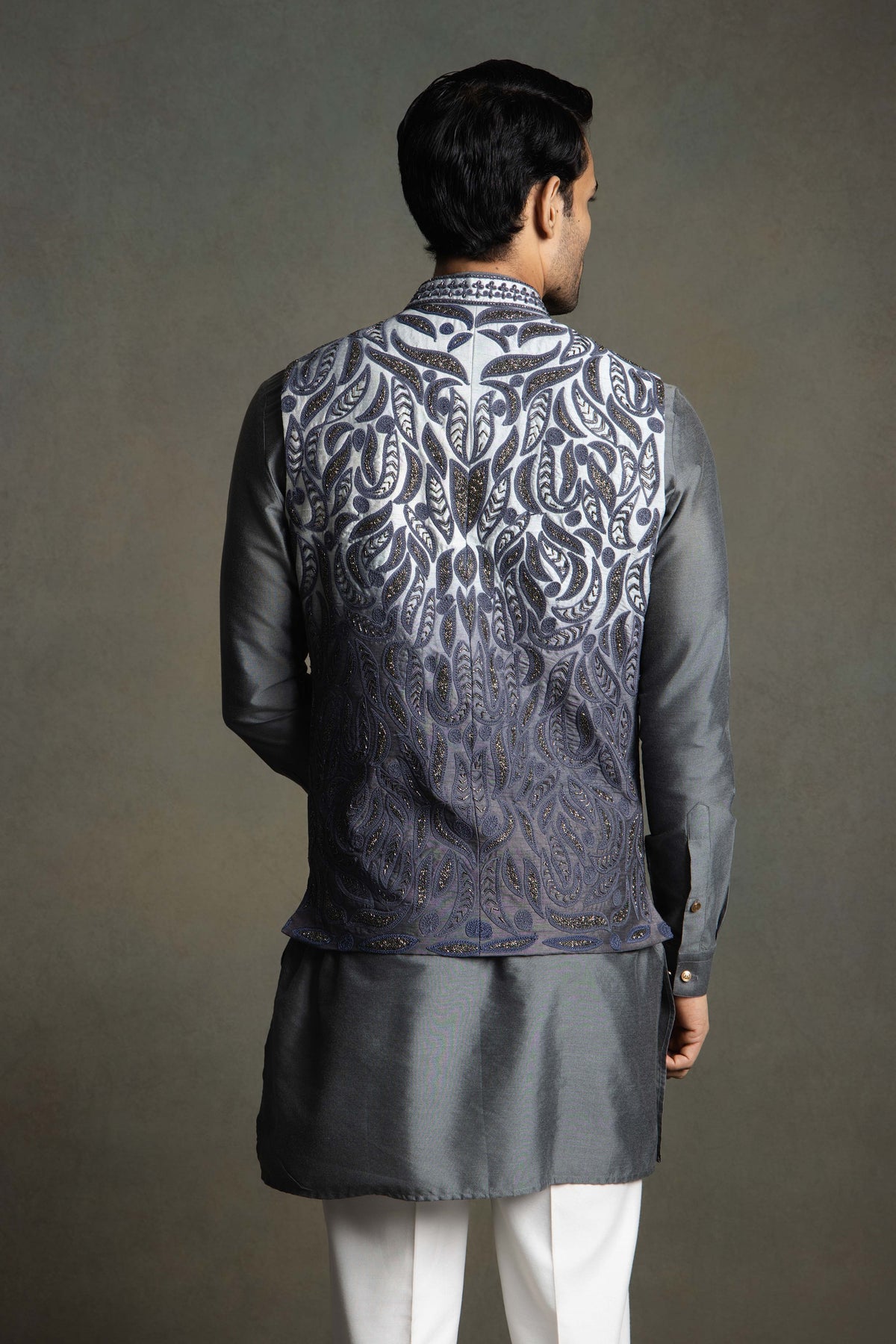 GREY OMBRE  GLASS EMBROIDERY NEHRU JACKET SET