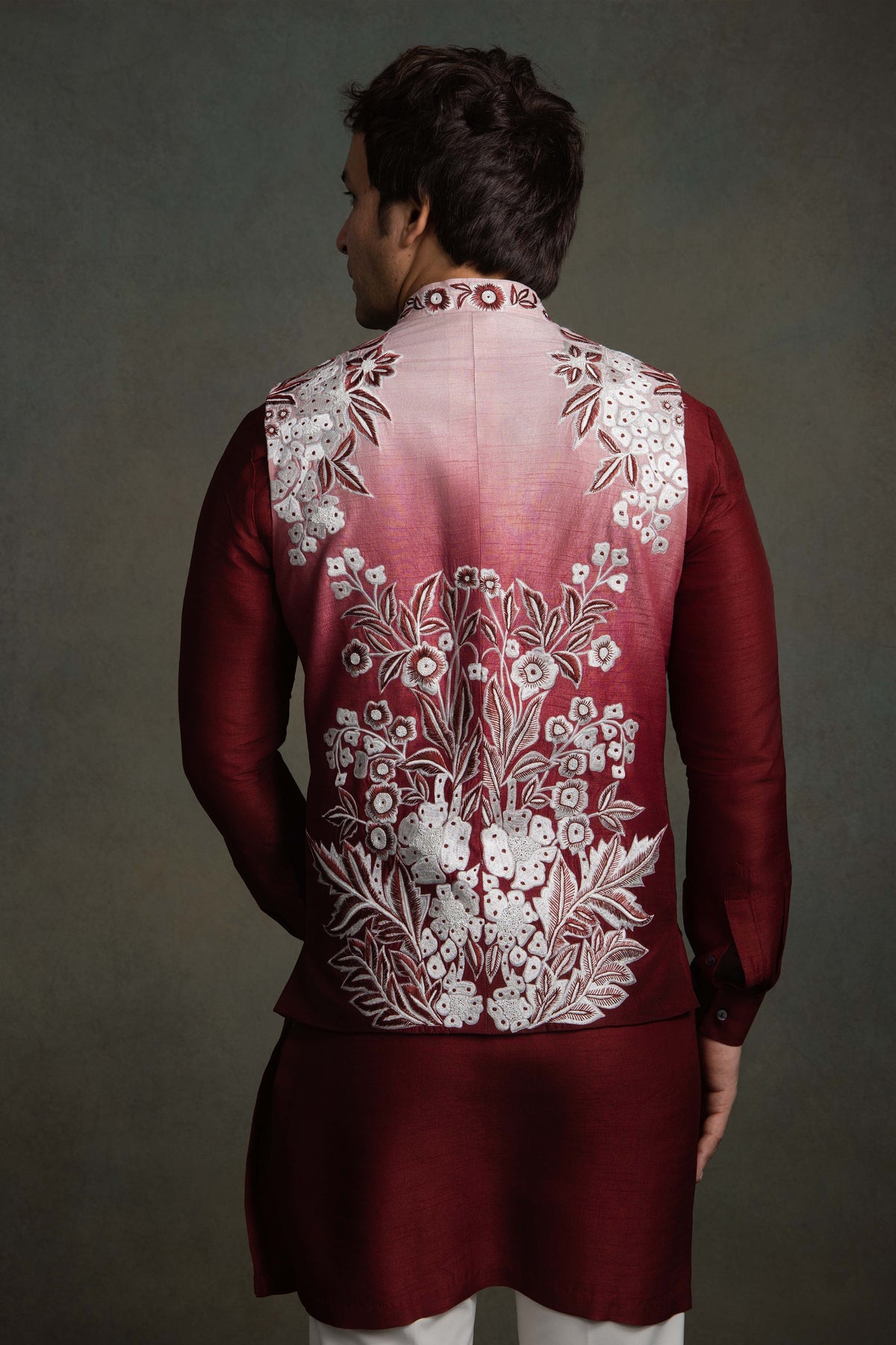 WINE RED OMBRE SILK  EMBROIDERY NEHRU JACKET SET