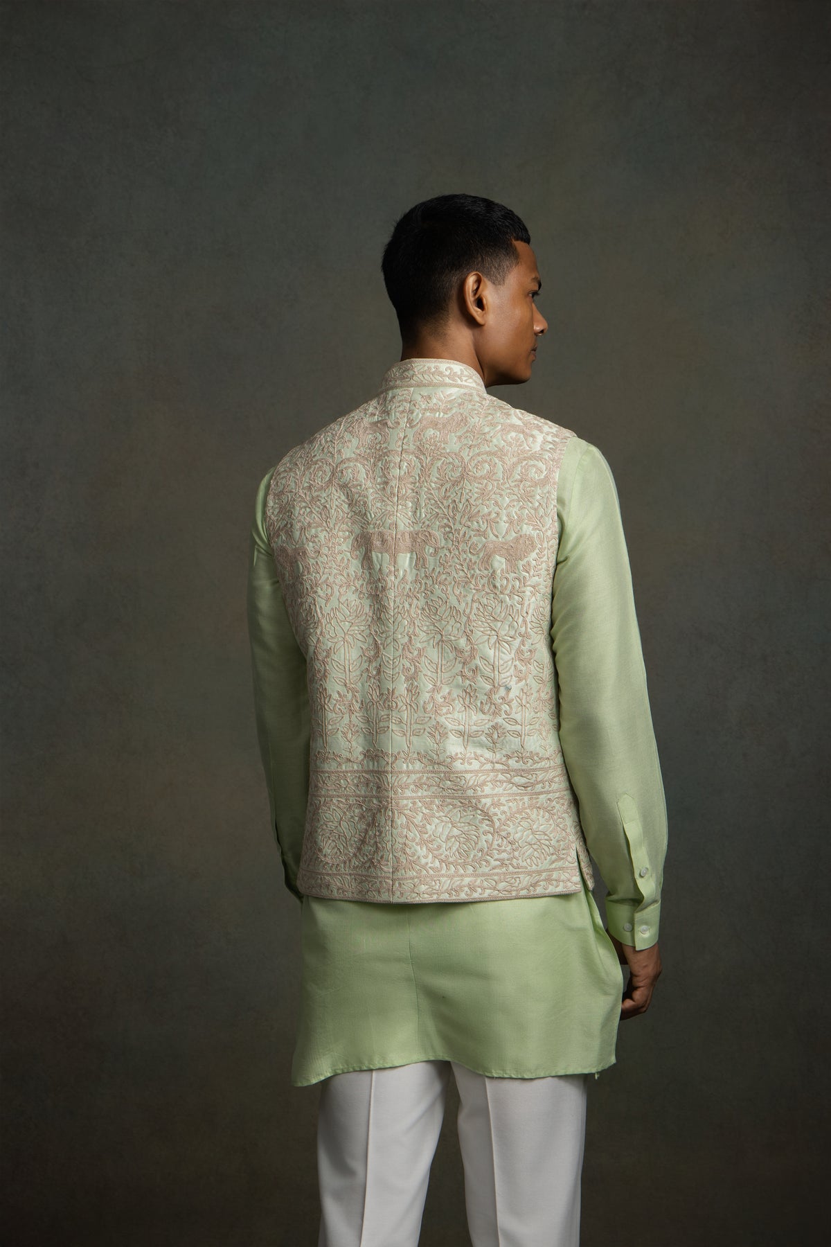 PISTA GREEN GOLDEN EMBROIDERY NEHRU JACKET SET