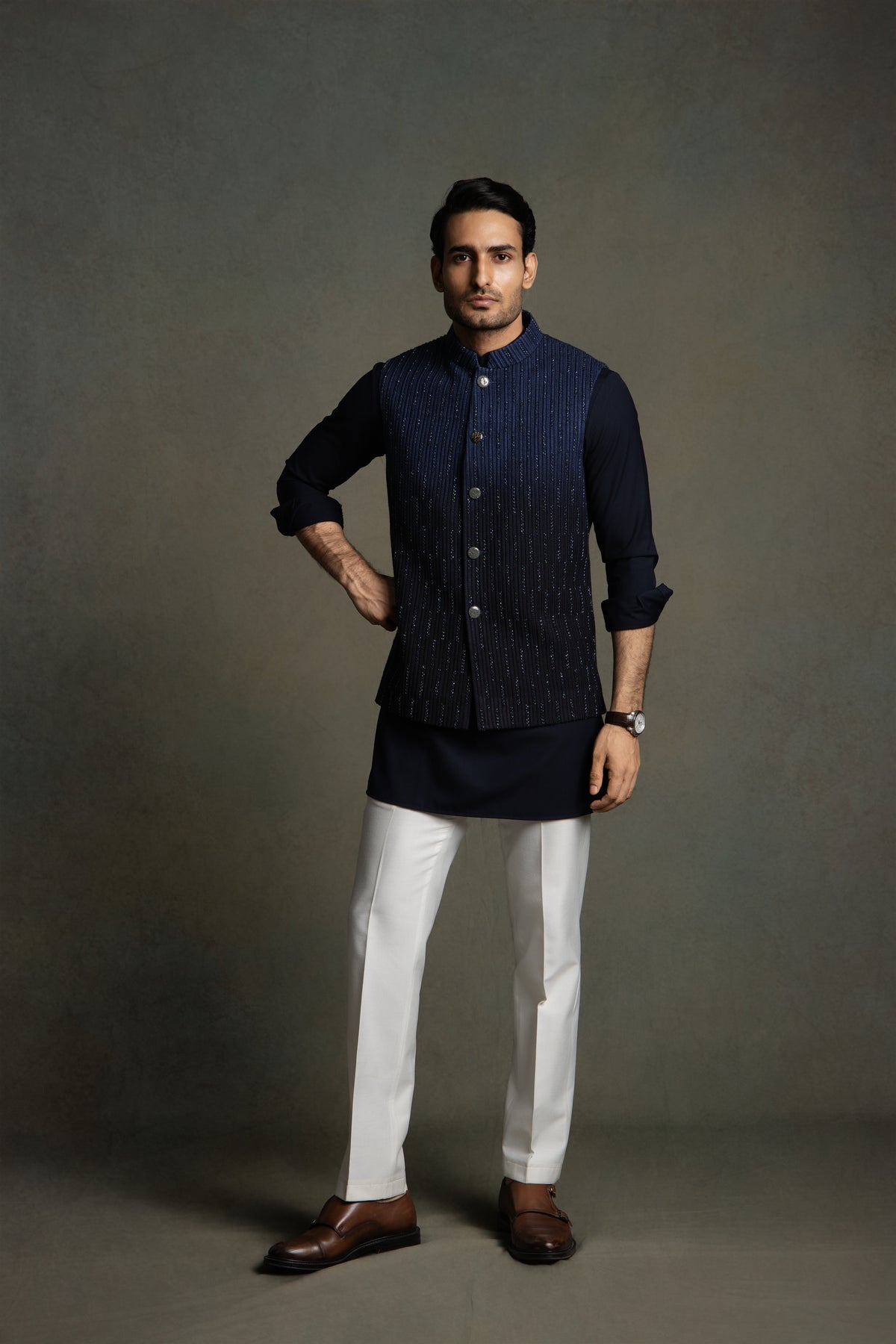 DARK BLUE OMBER THREAD EMBROIDERY NEHRU JACKET SET