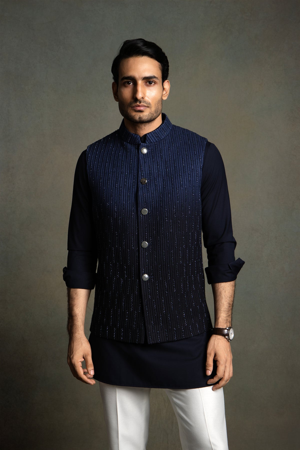 DARK BLUE OMBER THREAD EMBROIDERY NEHRU JACKET SET