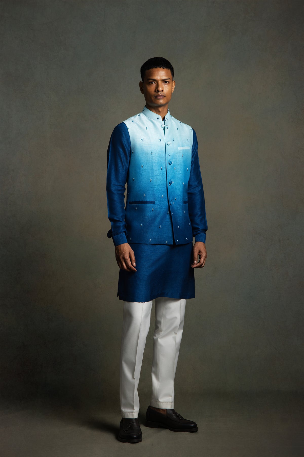 BLUE OMBER BEADS EMBROIDERY NEHRU JACKET SET