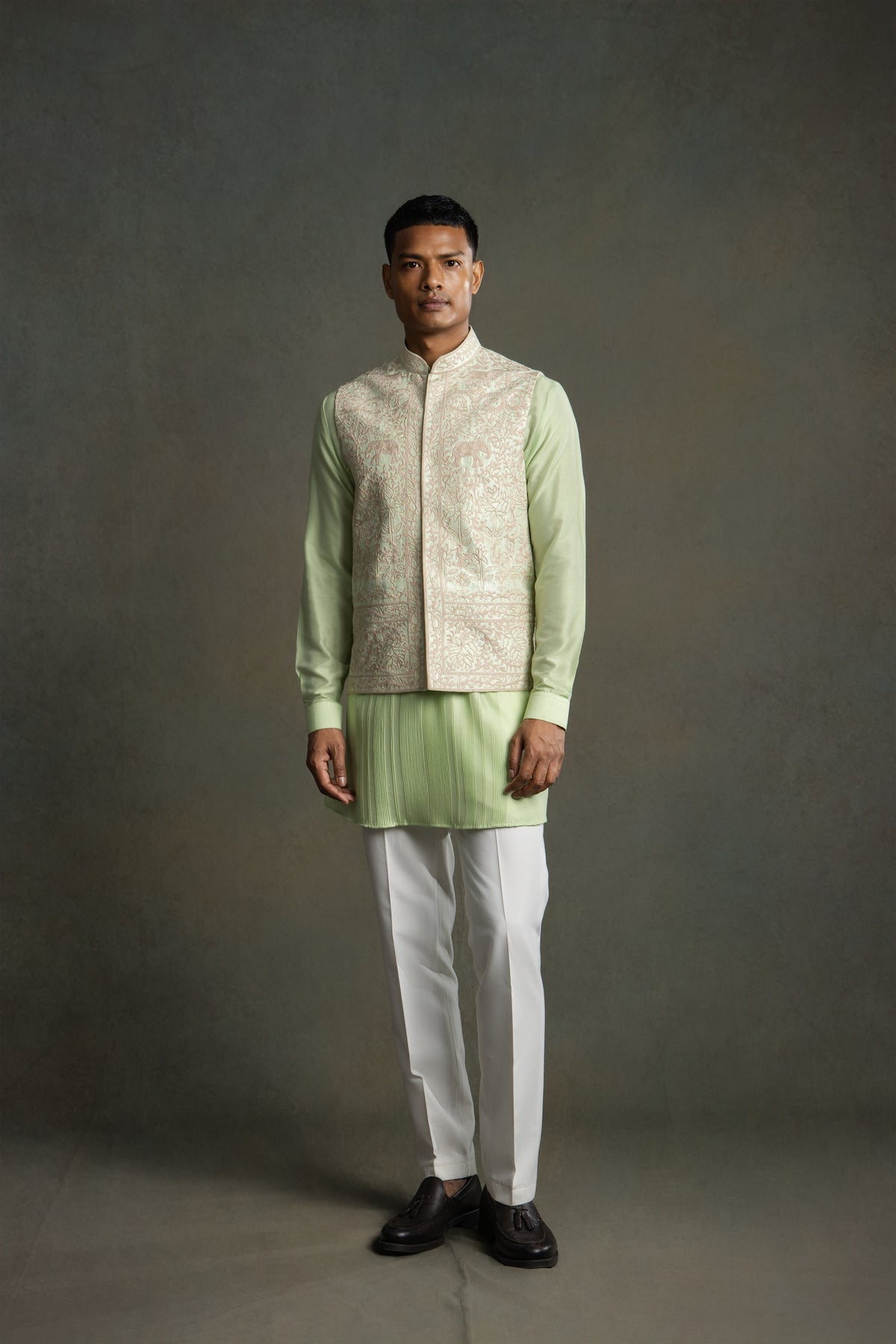PISTA GREEN GOLDEN EMBROIDERY NEHRU JACKET SET