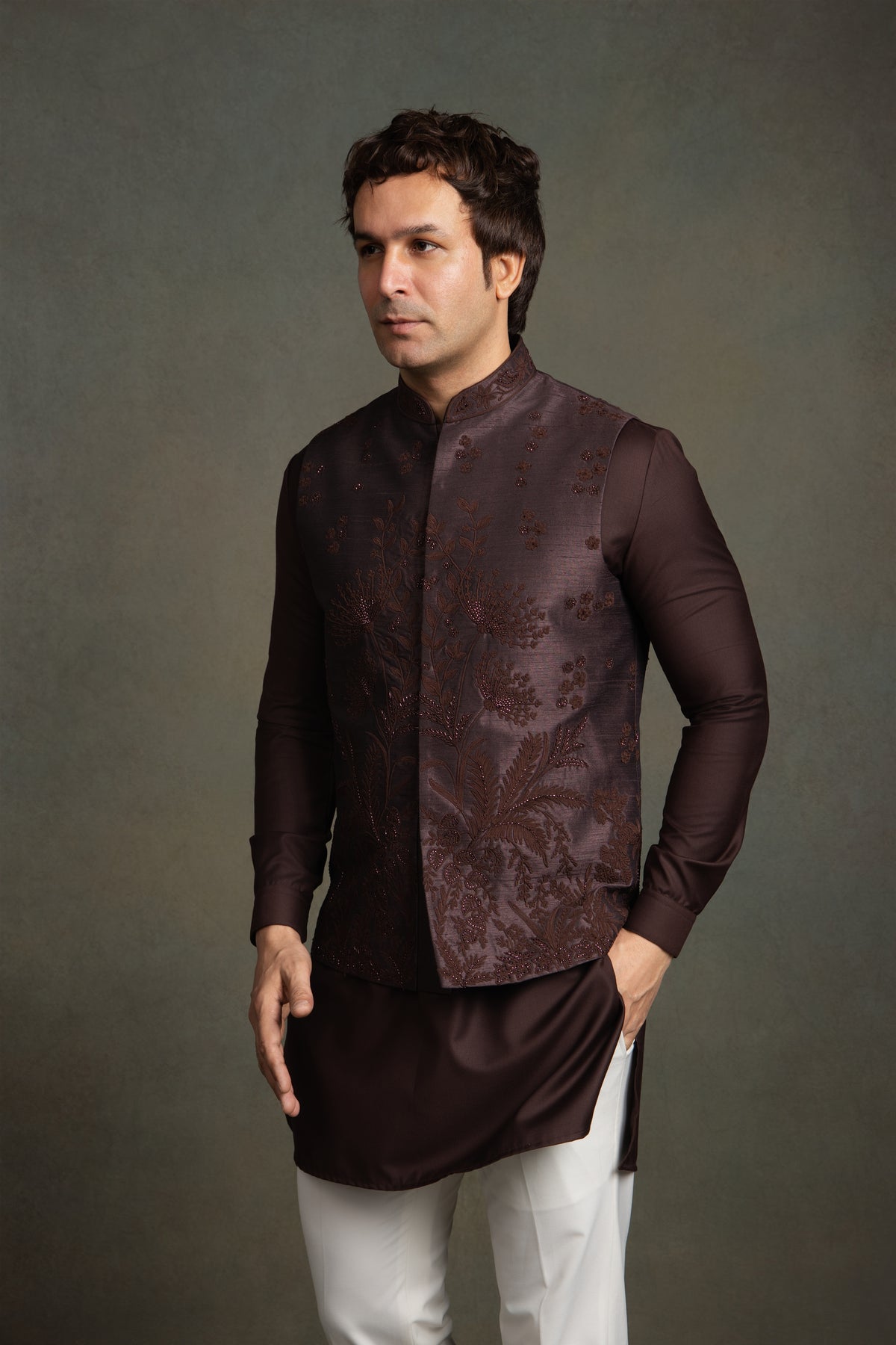 WINE DORI WITH GLASS  EMBROIDERY  NEHRU JACKET SET