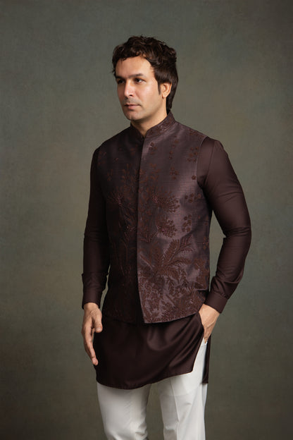 WINE DORI WITH GLASS  EMBROIDERY  NEHRU JACKET SET