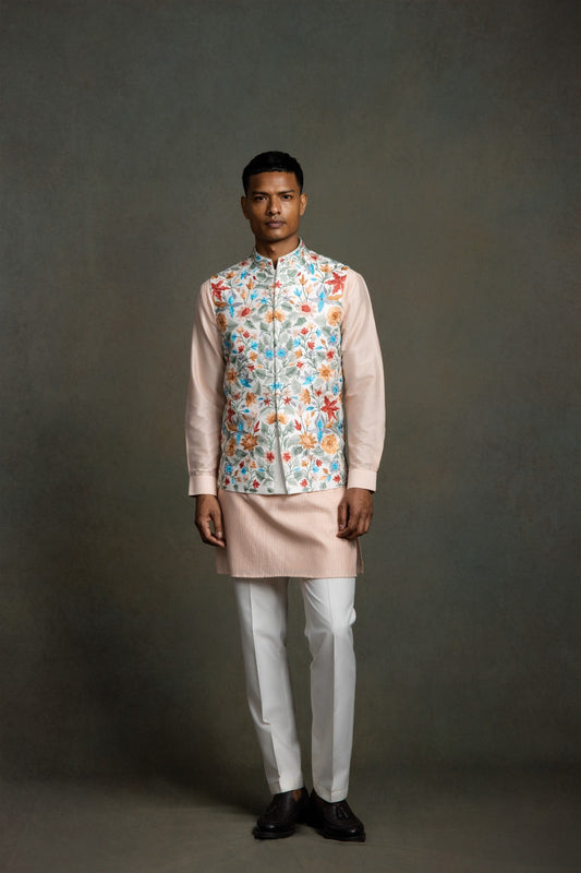 MULTI COLOUR SILK EMBROIDERY NEHRU JACKET SET