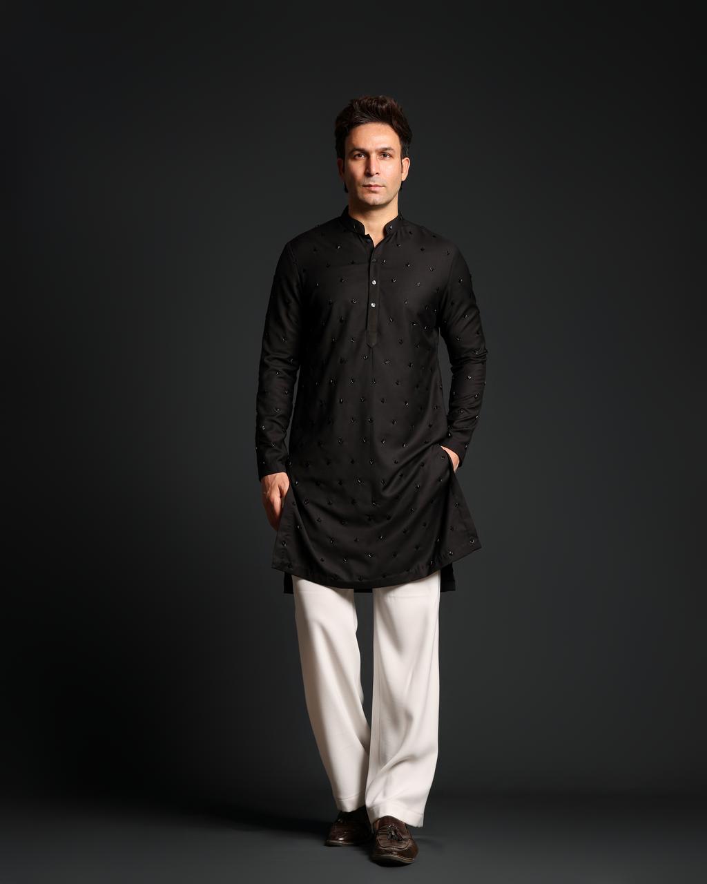 BLACK GLASS CUT WORK KURTA SET
