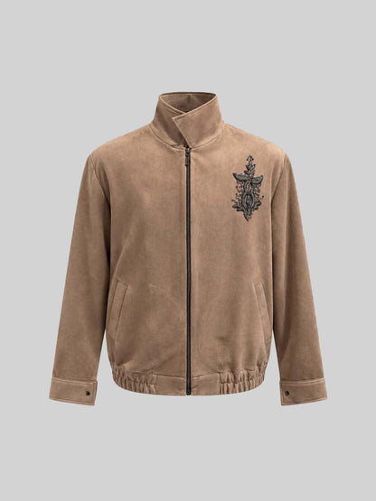 BEIGE SUEDE EMBROIDERED ZIP JACKET