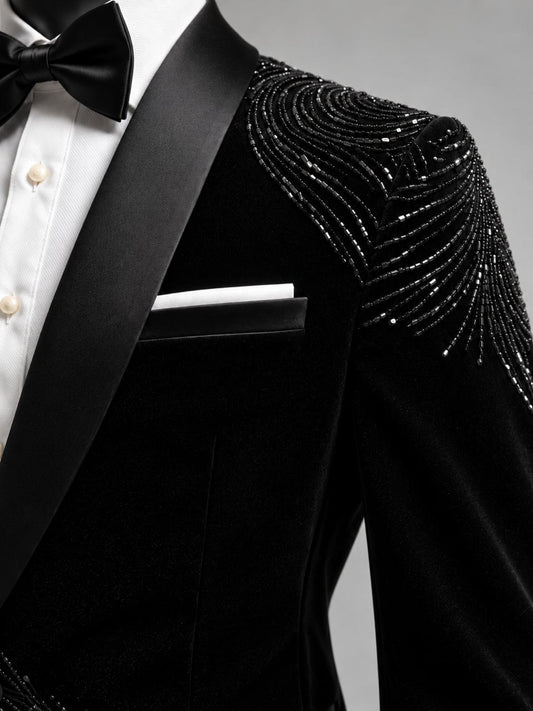 BLACK GLASS-CUT EMBROIDERY TUXEDO