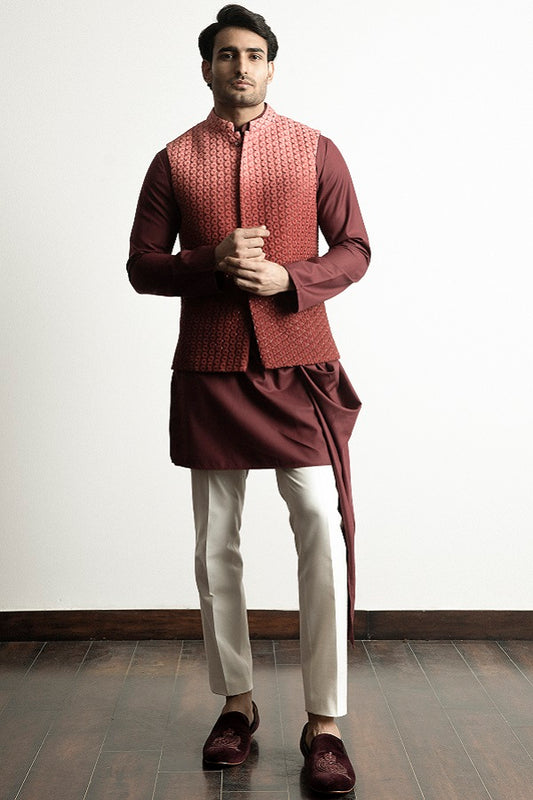 Maroon ombre machine + hand embroidered nehru jacket