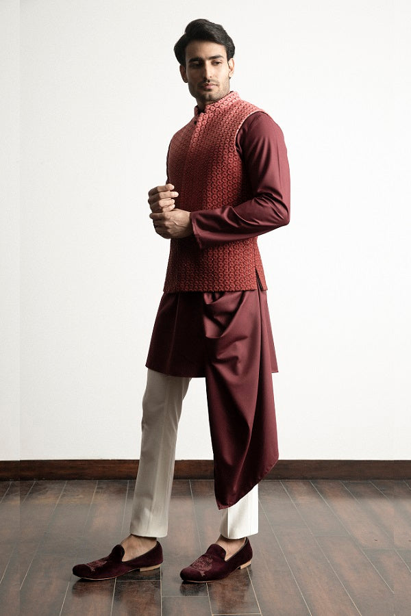 Maroon ombre machine + hand embroidered nehru jacket