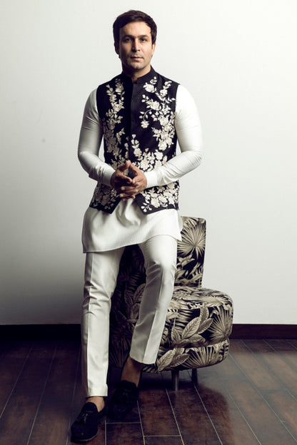 Black floral embroidered nehru jacket