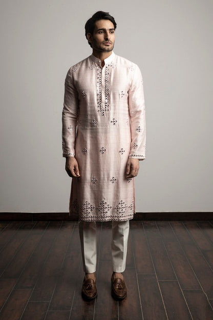 PINK SILK MIRROR WORK KURTA SET