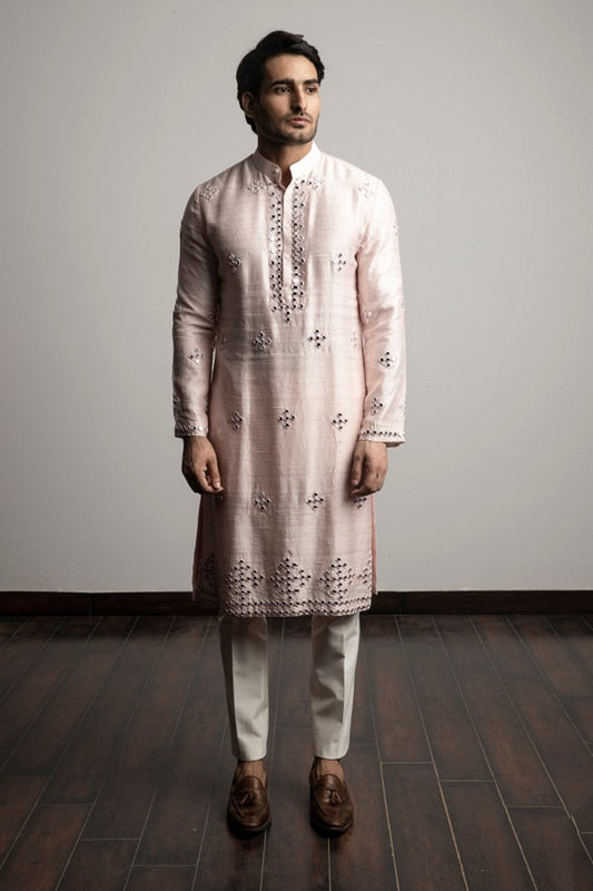 PINK SILK MIRROR WORK KURTA SET