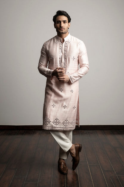 PINK SILK MIRROR WORK KURTA SET