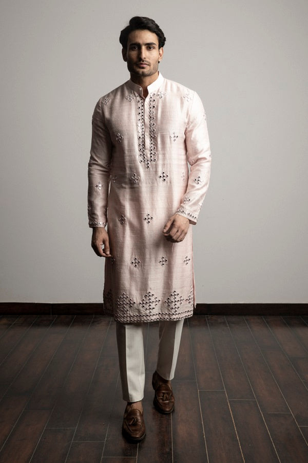 PINK SILK MIRROR WORK KURTA SET