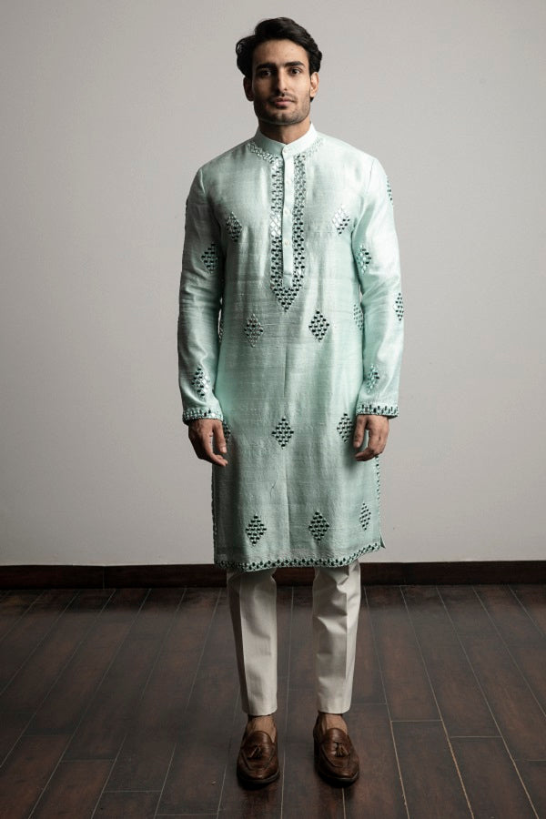 SEA GREEN MIRROR WORK KURTA SET