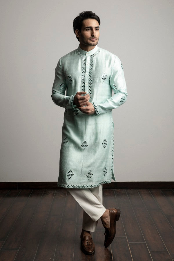SEA GREEN MIRROR WORK KURTA SET