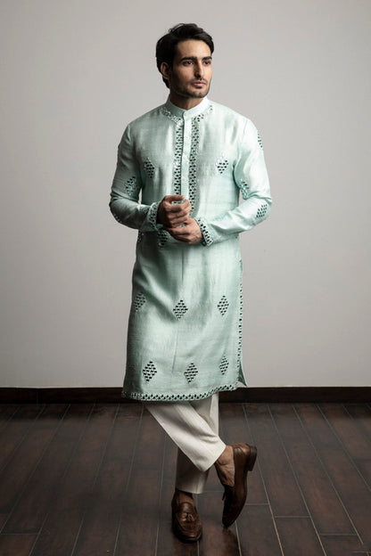 SEA GREEN MIRROR WORK KURTA SET