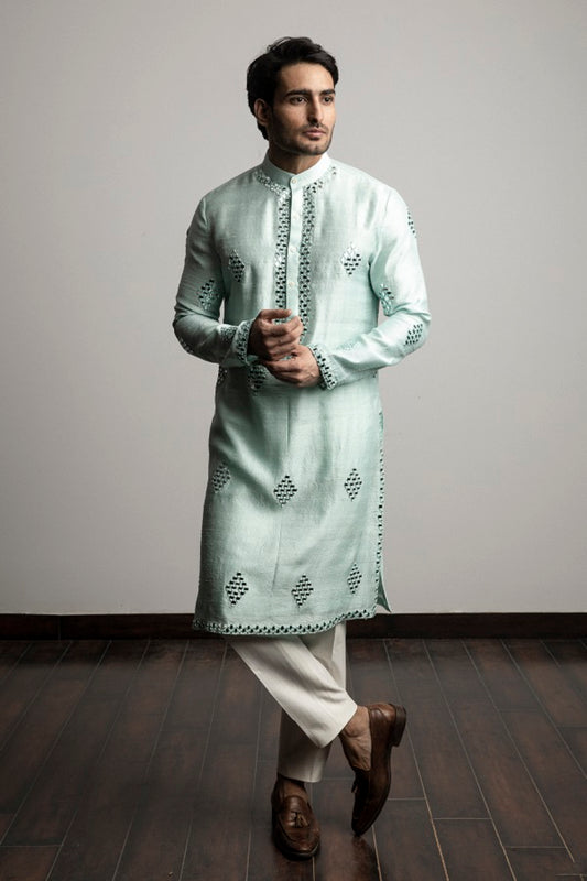SEA GREEN MIRROR WORK KURTA SET