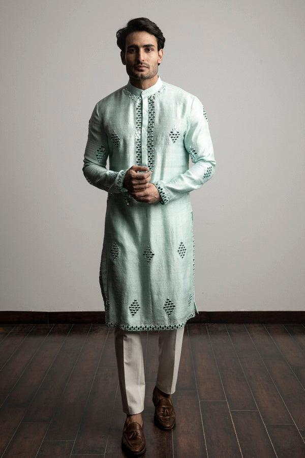 SEA GREEN MIRROR WORK KURTA SET