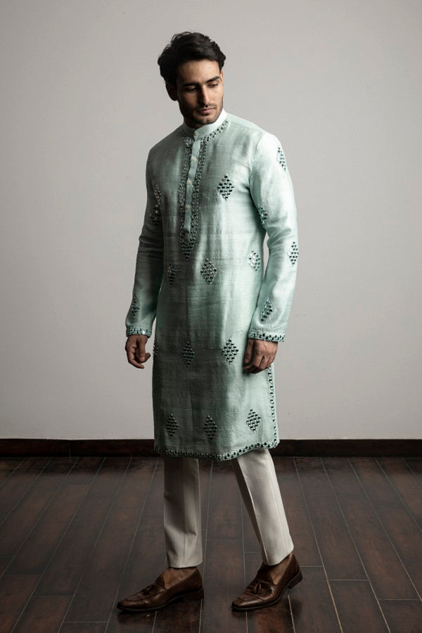 SEA GREEN MIRROR WORK KURTA SET
